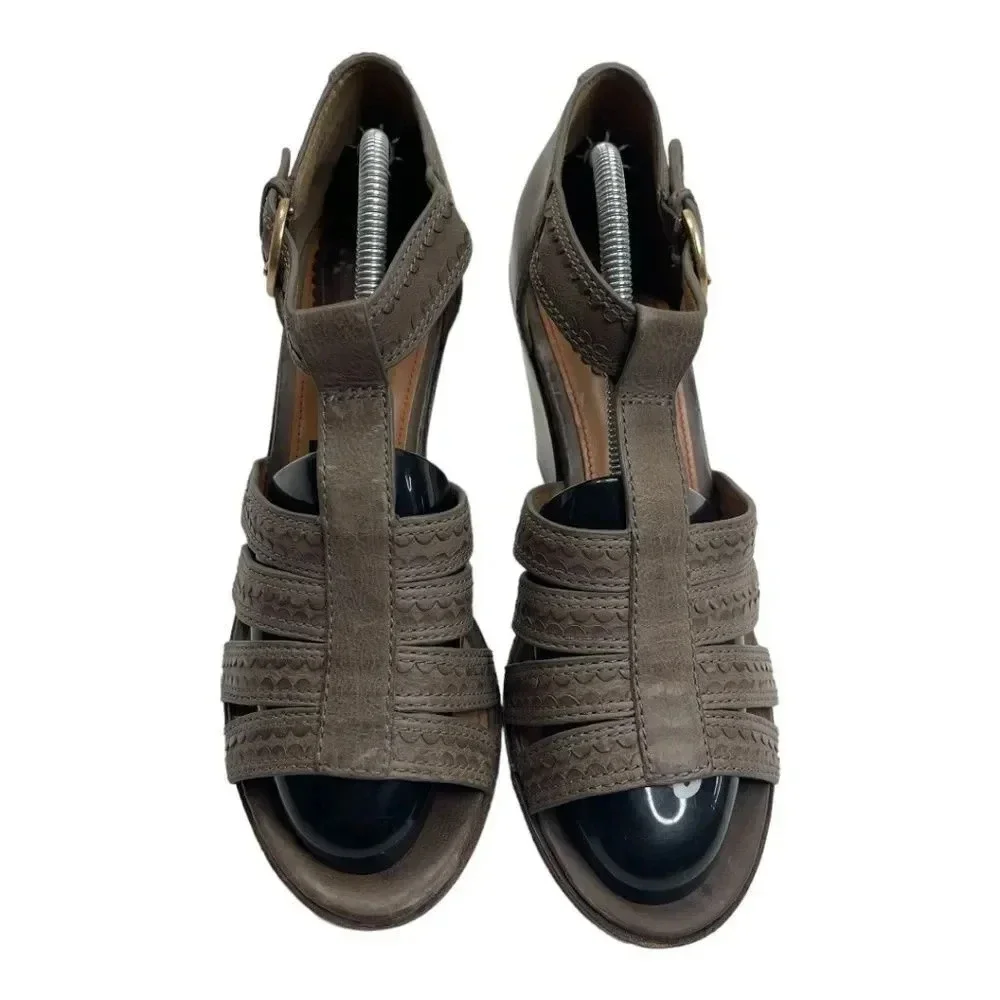 Anthropologie Trask Saydee Leather Wedge Sandals Taupe Brown Ankle Strap 9